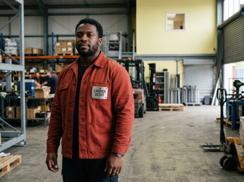 Warehouse worker in red jacket standing in logistics center