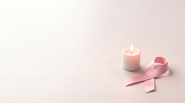 A pink ribbon and a lit candle representing support and hope during breast cancer awareness month in october