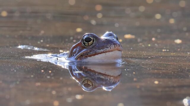 Brown frog (Rana temporaria) close-up in a pond.