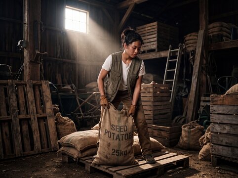 Teenager lifting heavy brown burlap sack outdoors