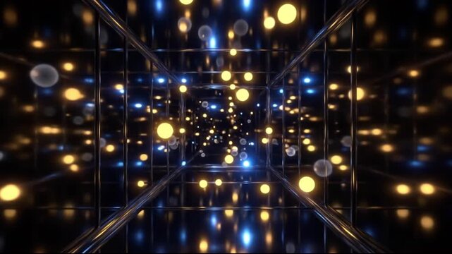 液体タンタルとタングステンの深宇宙に金のボケ球と光が広がる3D背景映像