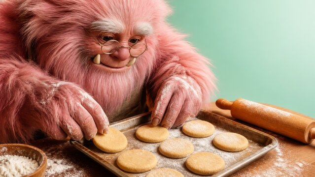 Adorable pink furry creature in glasses carefully places cookies on baking tray, ready for oven