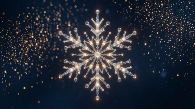 Intricate illuminated snowflake display shimmering against dark background with vibrant sparkle effects
