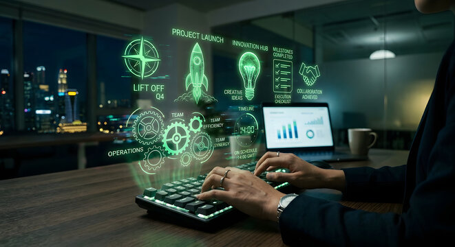Business analyst works on high tech project management dashboard interface with holographic icons representing creative ideas team operations and milestones.
