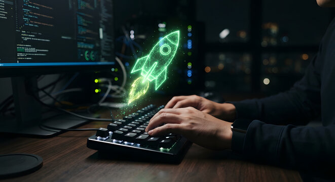 Glowing green digital rocket hologram emerging from keyboard surface symbolizing rapid software deployment project launch success and fast technological growth.