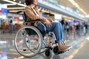 Obraz premium Woman in Wheelchair Navigating a Modern Airport Terminal with Passengers in Background