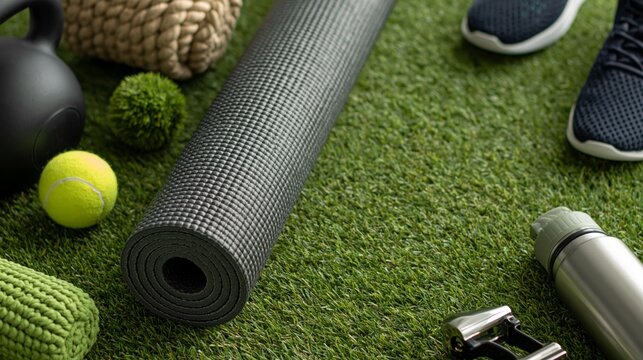 A rolled yoga mat lies on artificial grass surrounded by fitness gear including a kettlebell, tennis ball, water bottle, and.