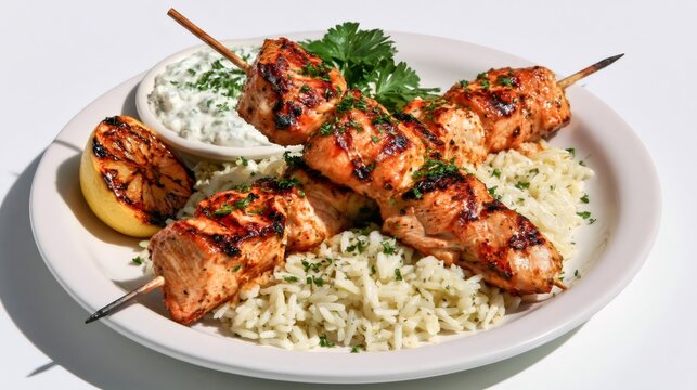 Grilled chicken shish kabob skewers with rice and tzatziki