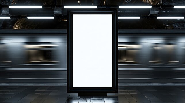 Blank digital billboard screen in a modern, fast-paced urban subway station with motion blur background
