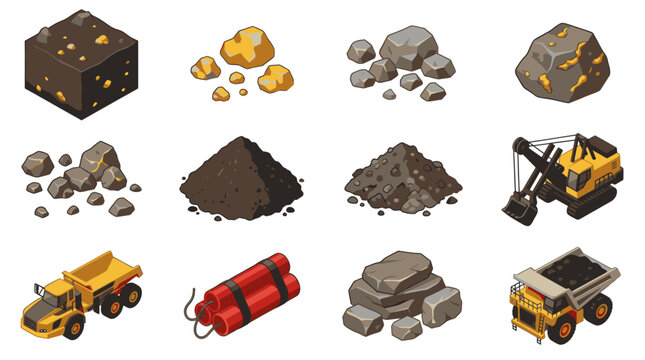 Creative Isometric of Mining Process with Gold Ore Excavators and Heavy Machinery with high quality professional line art symbols for modern creative design and digital branding projects