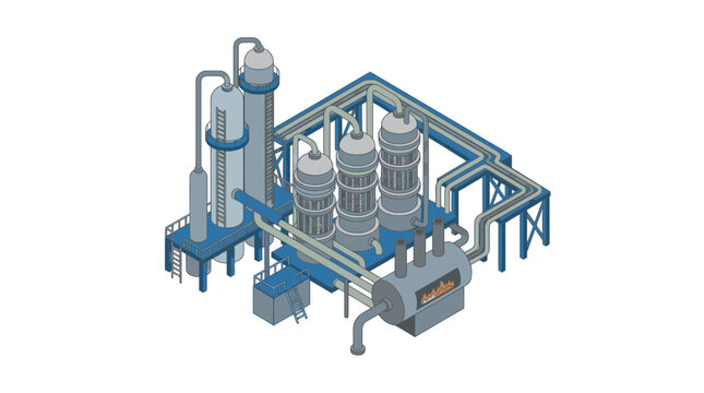 Creative Isometric of Industrial Chemical Processing Plant with Blue Piping and Equipment with high quality professional line art symbols for modern creative design and digital branding projects