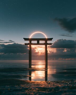 Japanese landscape print, a giant glowing torii gate standing in the middle of a calm ocean at low tide