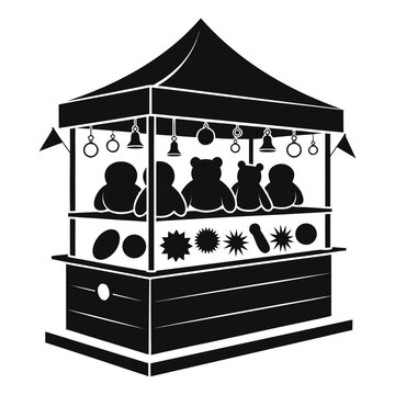 Carnival game booth vector silhouette, fairground shooting gallery with teddy bear prizes, amusement park market stall icon for festival events