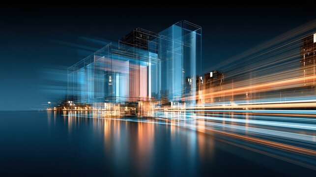 Futuristic architectural rendering of modern glass skyscrapers with glowing light trails at night