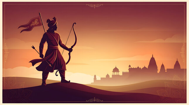 Original Indian Dussehra festival inspired vector illustration featuring a heroic warrior silhouette holding a traditional bow and arrow against a warm atmospheric skyline of Indian-inspired architect