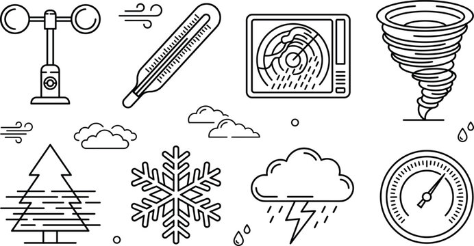 Meteorology weather forecasting instrument icon set with anemometer thermometer radar tornado thunderstorm snowflake barometer vector line art doodle