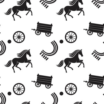 Vintage horse and carriage seamless pattern, black and white equestrian vector background, rustic farm animal and wagon textile design