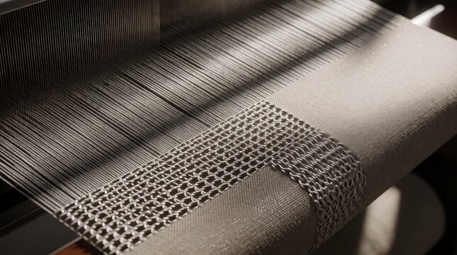 Close up of industrial loom weaving textile fabric with intricate patterns in a manufacturing factory