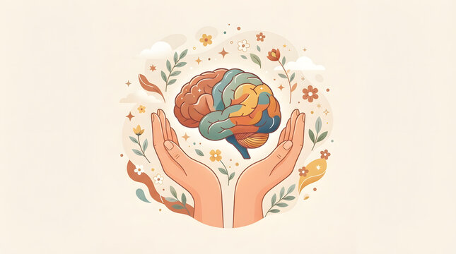 Warm editorial vector illustration showing supportive human hands gently holding a colorful stylized brain surrounded by calming clouds, leaves, flowers, and stars