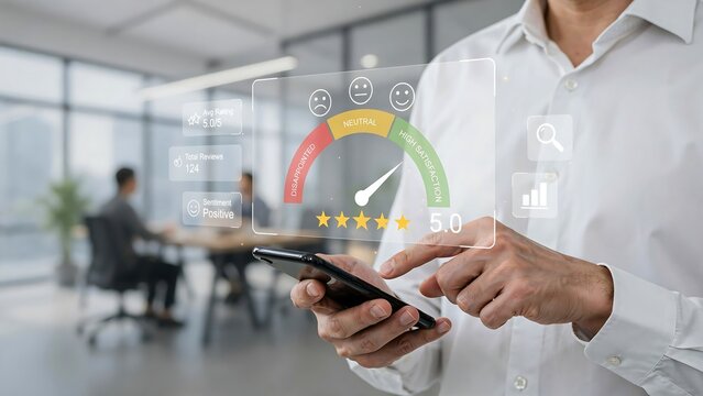 Man's hand holding smartphone with customer satisfaction meter and stars in modern office setting