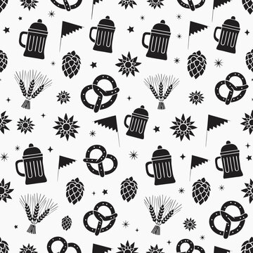 Oktoberfest seamless pattern vector, black and white beer festival background, traditional German folk icons with pretzels and beer mugs