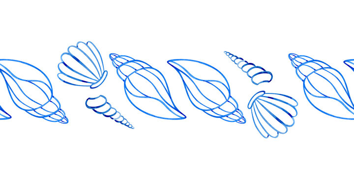 Watercolor seamless border with blue seashells line art. Mediterranean Illustration template for printing wrapping paper, packaging, fabric.