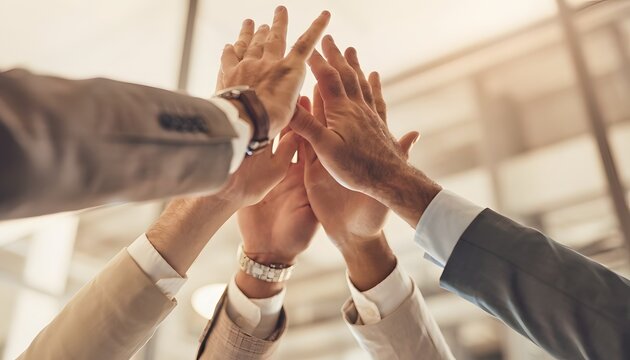 Diverse business team celebrating success with a high five in a modern office