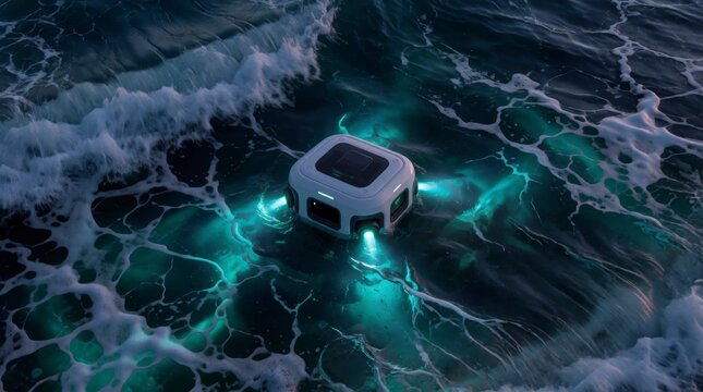 Autonomous underwater drone with glowing lights navigating through dark ocean waves at night