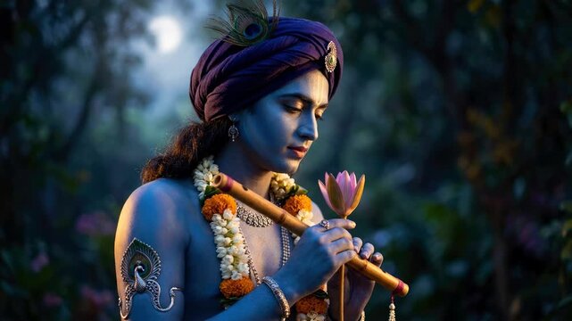 Divine flute player: Krishna deity, blue avatar, lotus flower, night forest, sacred god, gentle look, peace state.