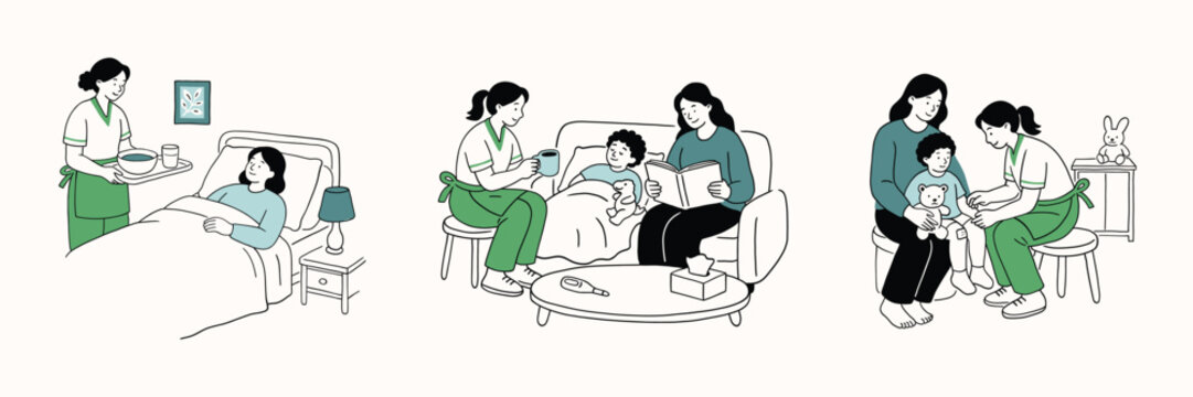 Nurse or pediatrician with patient kid and mom illustration set. Assistance, doctor home visit, child, rehabilitation. Clinic, bedridden person, care, support, health support. Simple doodle line.