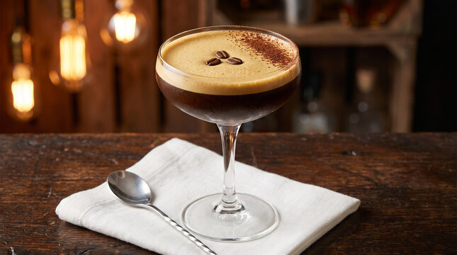 Elegant classic espresso martini cocktail with rich creamy foam and coffee beans in a coupe glass on a white napkin over a rustic wooden bar counter with warm glowing lights.