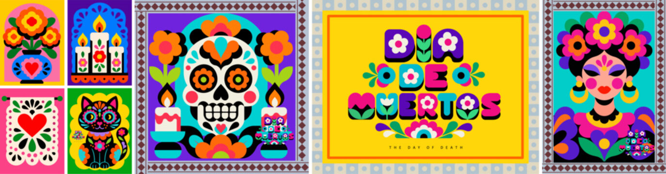 D&iacute;a de Muertos (Mexican Day of the Dead). Vector abstract illustration featuring a sugar skull, a decorated cat, La Catrina, flowers, candles, and folk ornaments for poster, banner and greeting card
