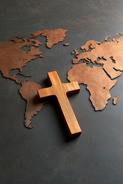 Holy cross of Jesus Christ and world map. Global mission and evangelism concept. Telling all the people about Jesus. Spreading the evangelism around all nations