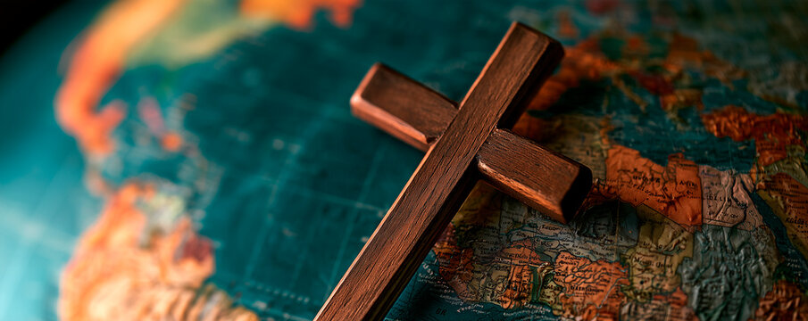 Holy cross of Jesus Christ and world map. Global mission and evangelism concept. Telling all the people about Jesus. Spreading the evangelism around all nations