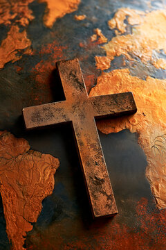 Holy cross of Jesus Christ and world map. Global mission and evangelism concept. Telling all the people about Jesus. Spreading the evangelism around all nations