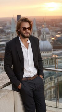 A man with curly hair and sunglasses stands on a rooftop, overlooking a vibrant cityscape as the sun sets over the ocean