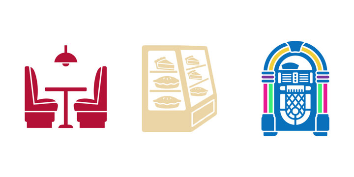 Retro diner vector icon set with seating booth, pie case and jukebox