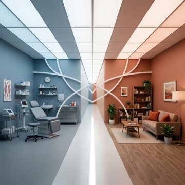 Split clinic and lounge interior for wellness and patient comfort concept