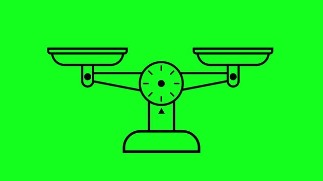 Simple black line animation of a traditional balance scale on a vibrant greenscreen background. HD Seamless looping video.