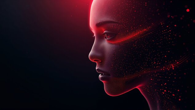 Futuristic AI digital art of a female profile dissolving into glowing red light particles and data streams