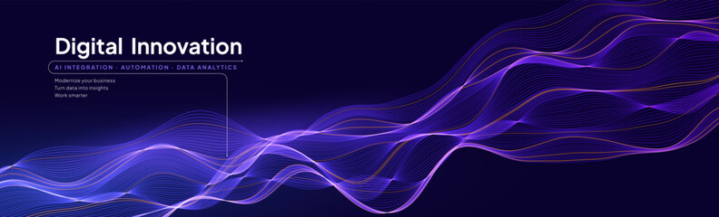 Fototapeta na wymiar Digital innovation banner with flowing purple neon lines and AI integration text. Abstract technology background for business, automation and data analytics. Vector illustration.