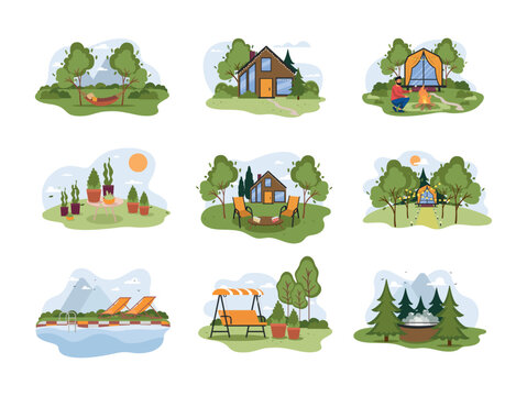 A set of vector illustrations featuring houses and cottages. Buildings surrounded by green trees, gardens, and natural landscapes. Countryside living, real estate.