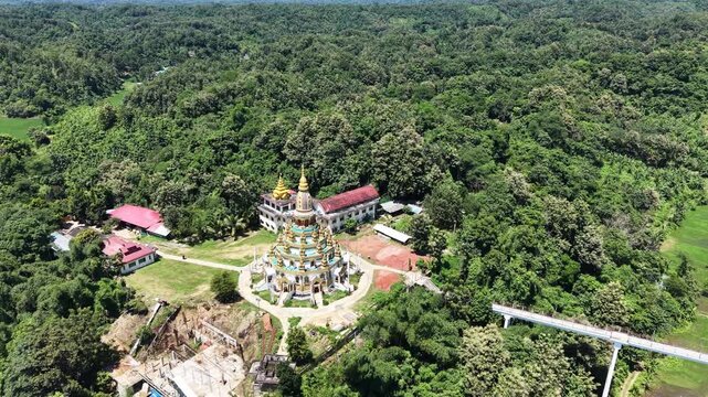 Aerial view of Ram Jadi Buddha Vihar in Rowangchhari, Bangladesh.