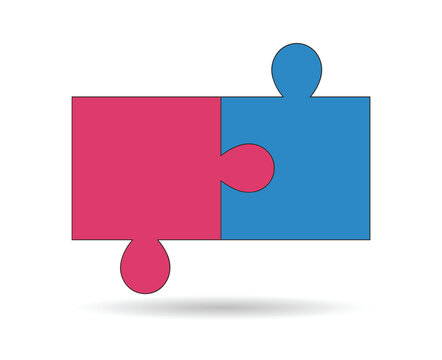 Two puzzle pieces in blue and pink. Two puzzle pieces connecting together, one blue and one pink, symbolizing connection, partnership, or teamwork.