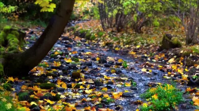 A small forest stream in autumn, with clear water flowing over moss-covered rocks. Bright yellow and golden dry leaves are scattered along the banks and the bed of the stream.