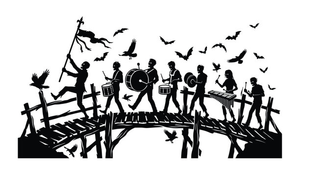Spooky zombie marching band vector illustration walking across a wooden bridge during a dark eerie night