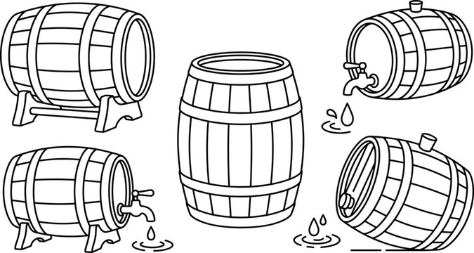 Wooden barrels for wine whiskey beer storage with metal hoops and spigot tap vector line art illustration collection