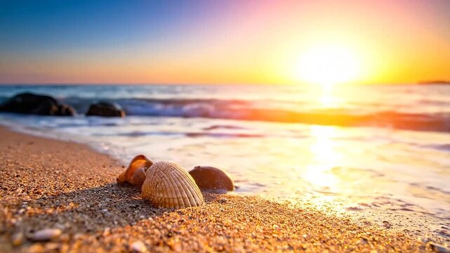Natural seashells resting on beach sand during golden sunset.