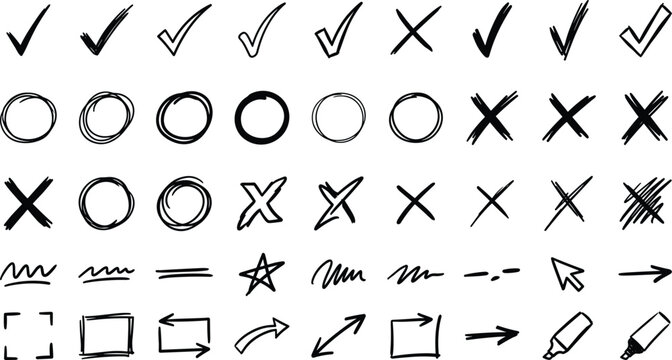 Large collection of hand drawn check marks crosses and circular frames for interface design