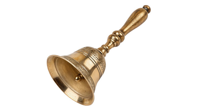Classic metallic brass hand bell school dinner call isolated on transparent background.